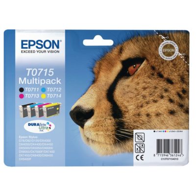 Epson Cheetah T0715 DURABrite Ultra Ink, Ink Cartridge, Black, Cyan, Magenta, Yellow Multipack, C13T07154010 (package 4 each) Epson Cheetah T0715 DURABrite Ultra Ink, Ink Cartridge, Black, Cyan, Magenta, Yellow Multipack, C13T07154010 (package 4 each)